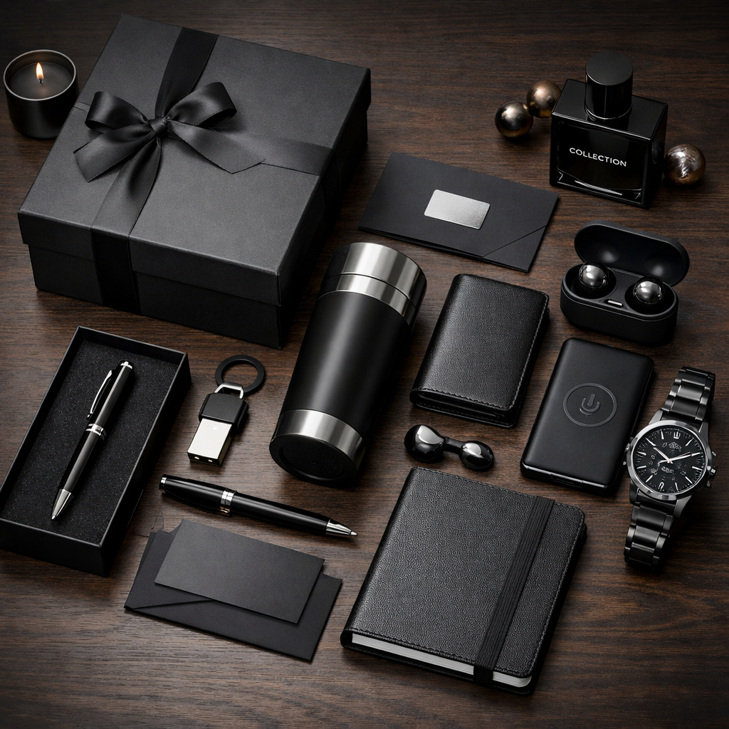Can you create a striking image of a sleek corporate gift with black packaging and high end products that are laid out in an aesthetic way on a nice t-1