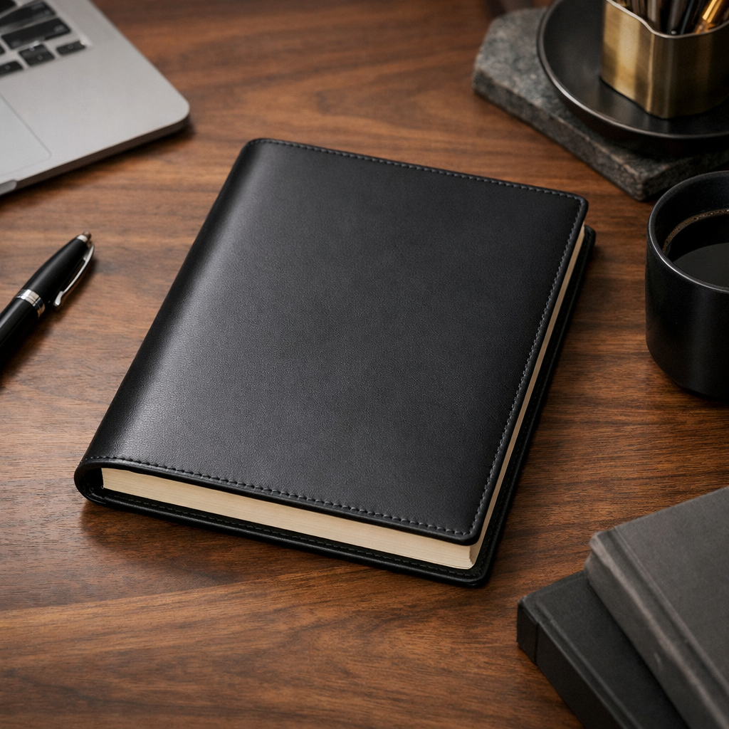 Can you generate a photo of a high end black leather journal with no buckle minimalistic on a desk-1
