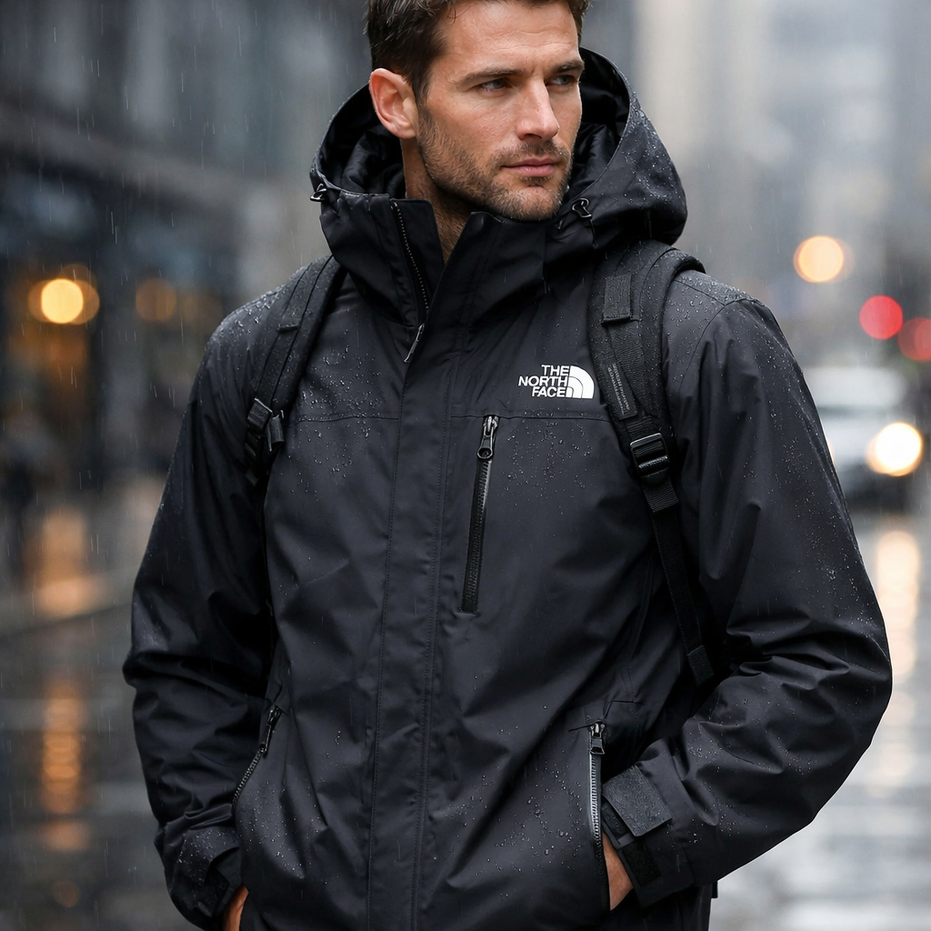 Can you generate a photo of a man in a Northface rain coat that looks high end-1