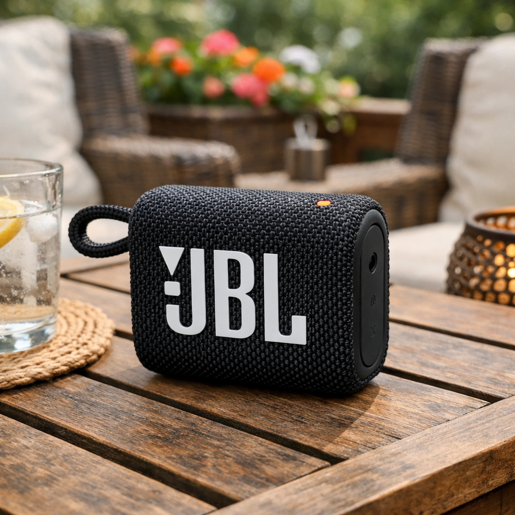 Can you generate a photo of a small JBL speaker on an outdoor patio table