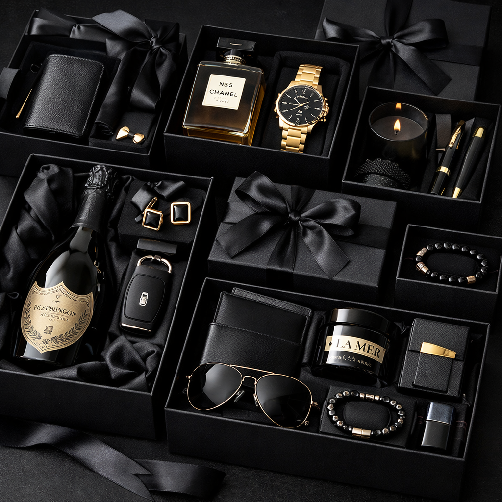 Can you generate a striking image of multiple high end gift boxes being put together with black packaging and high end gifts-1