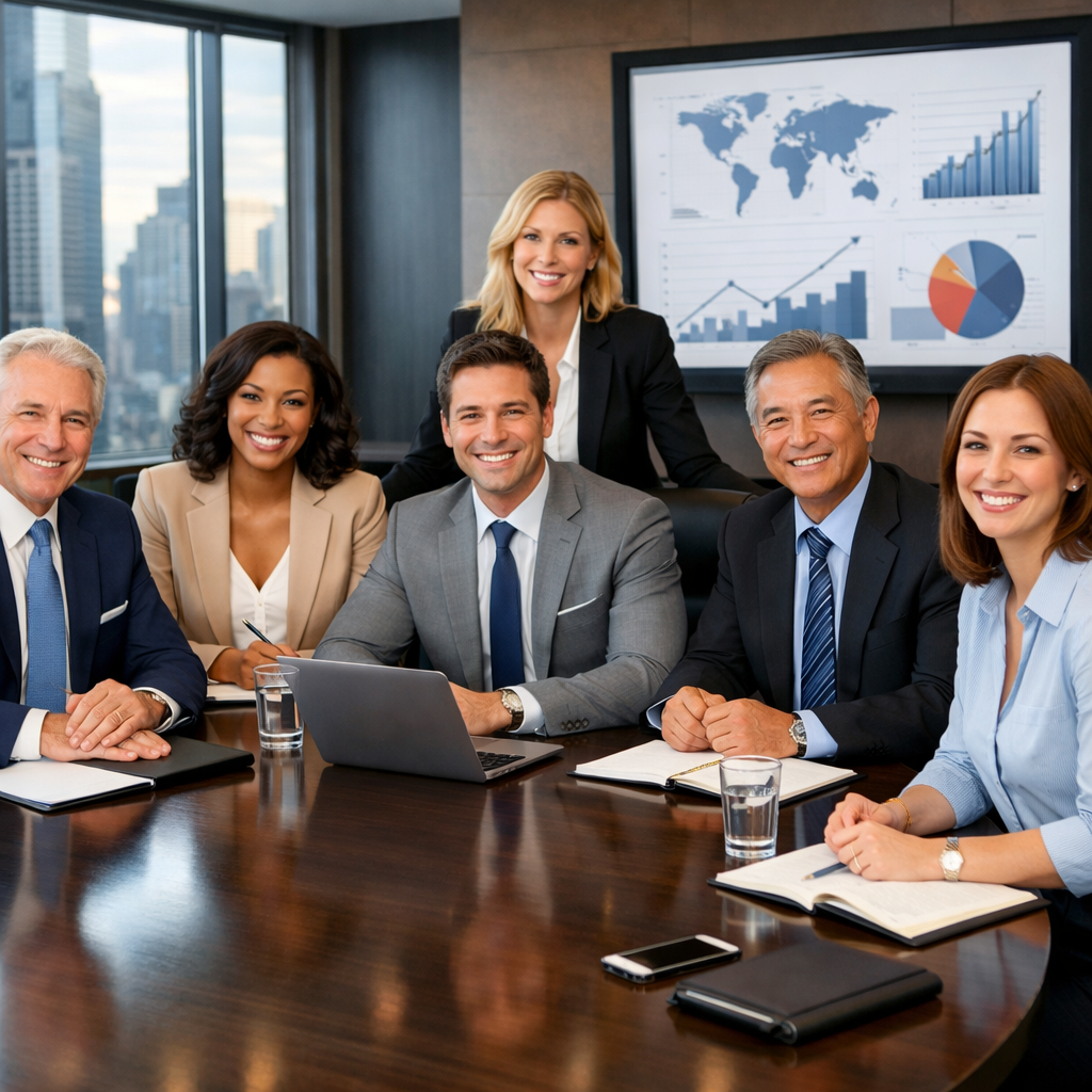 I need a striking image of a business meeting in a sleek board room with the people in it smiling-1