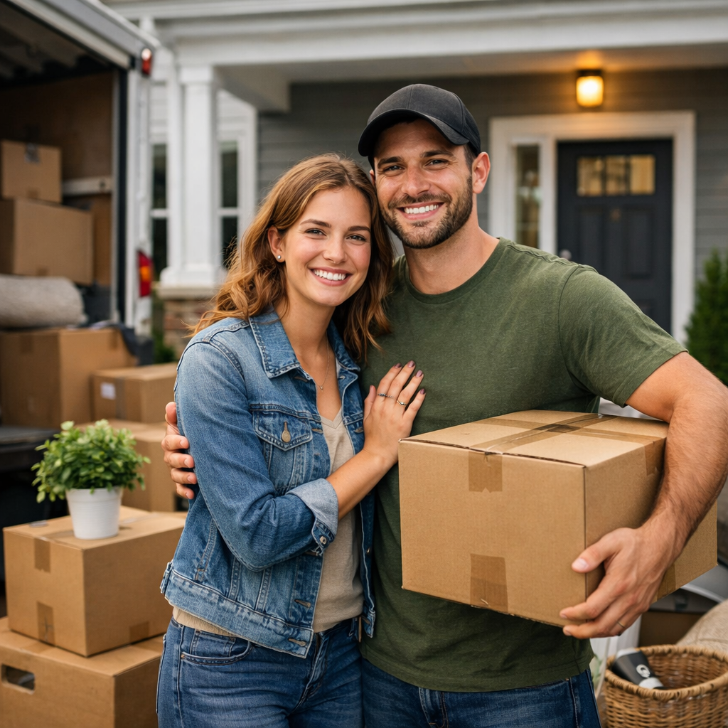 photographic photo of couple in front of home moving in-1